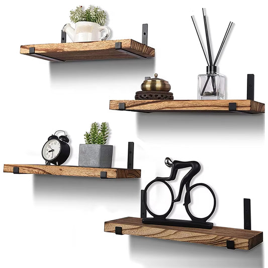 Country Style 4-Piece Set of Wooden Floating Shelf Wall Decoration Frames for Bathroom Kitchen Bedroom Living Room