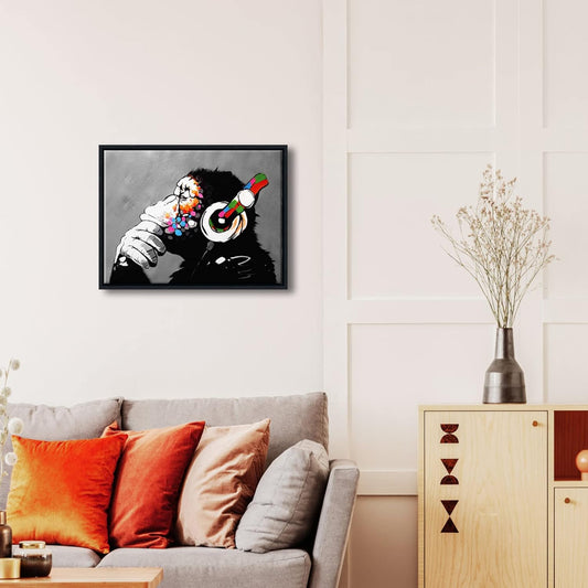 Black Framed Abstract Canvas Print of Monkey with Headphones - Banksy-Inspired Graffiti Art for Home Decor