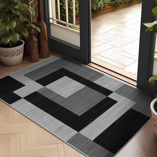  Geometric Style Black and Grey Small Floor Rug Easy to Clean